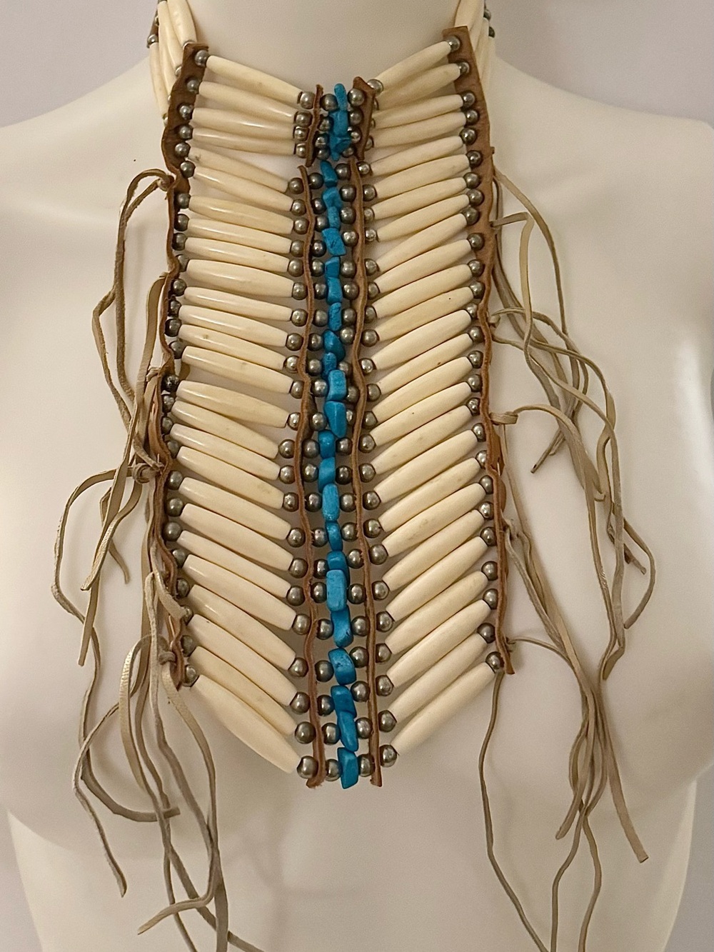 Handcrafted Faux Bone and Faux Turquoise Statement Choker Necklace
